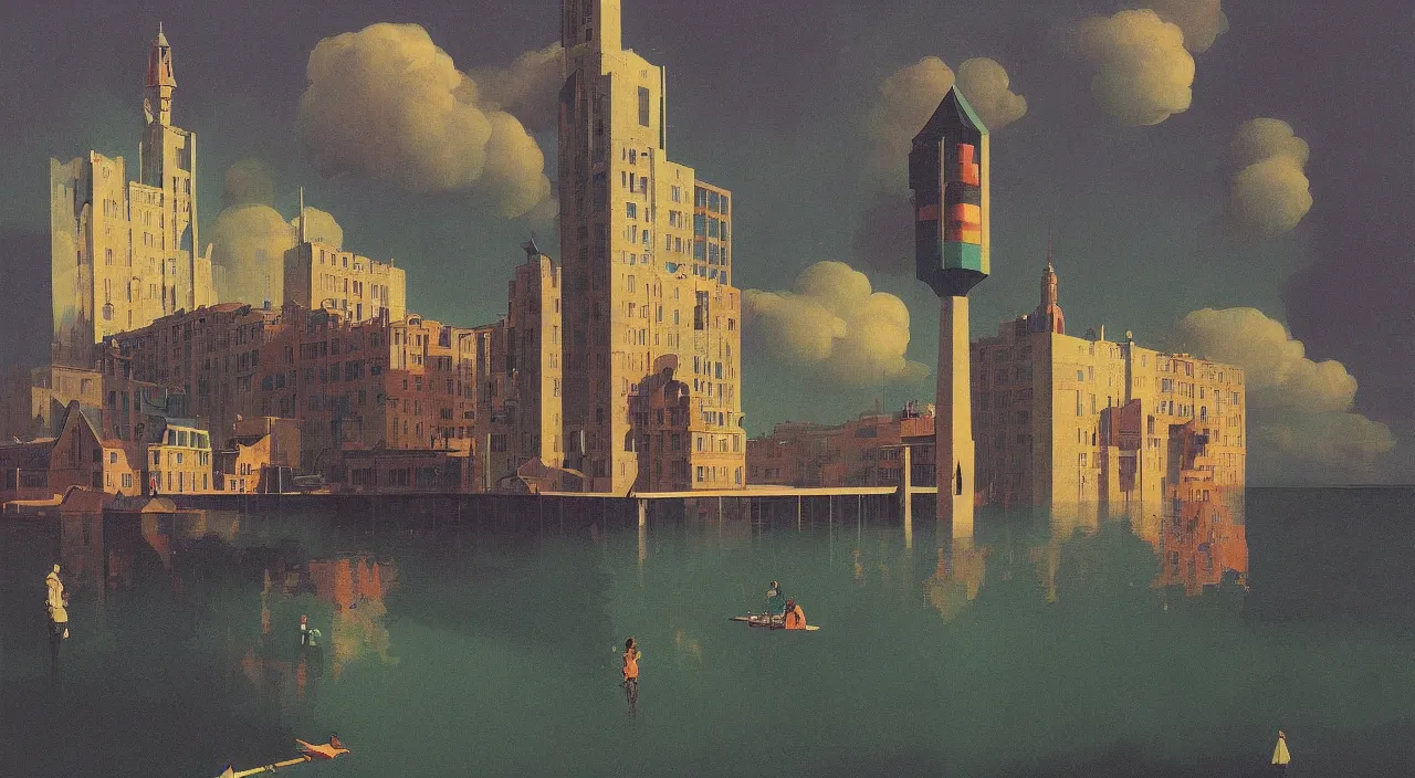 Prompt: single flooded simple! cosmic tower!, very coherent and colorful high contrast!! masterpiece by rene magritte simon stalenhag carl spitzweg syd mead norman rockwell edward hopper james gilleard, minimalist!, dark shadows, sunny day, hard lighting