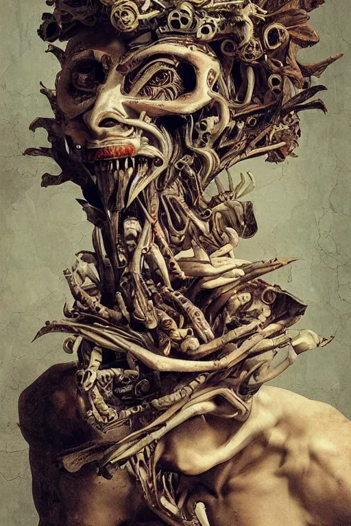 Prompt: Detailed maximalist portrait a Greek god with large white eyes and an angry face, fleshy skeletal body, HD mixed media 3d collage, highly detailed and intricate, surreal illustration in the style of Caravaggio, dark art, baroque