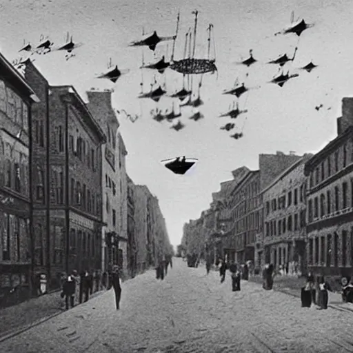 Prompt: grainy 1800s photo of a city street with flying machines above