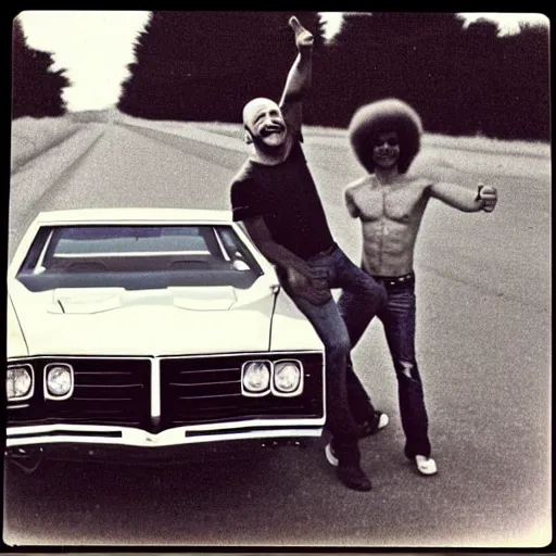 Image similar to joe rogan with an afro, 1 9 7 0's, pontiac car, new jersey, polaroid photo, alien buddy, leaning on car, relaxed and happy, alien buddy is pointing at the sky, laughing. 1 9 7 6, award winning photo