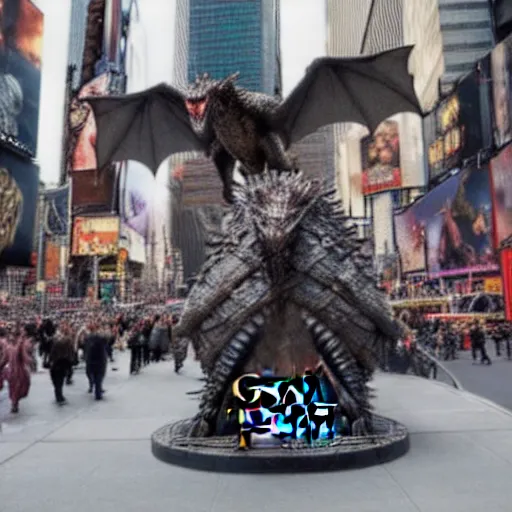 Prompt: game of thrones Daenerys riding a dragon in new york time square