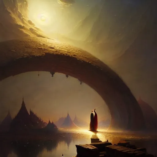 Image similar to giant crescent under construction in a magic fluffy persian carpet dimension, by greg rutkowski and gaston bussiere, dim lighting, beautiful volumetric - lighting - style atmosphere, surreal atmosphere, intricate, detailed, photorealistic imagery, trending artstation