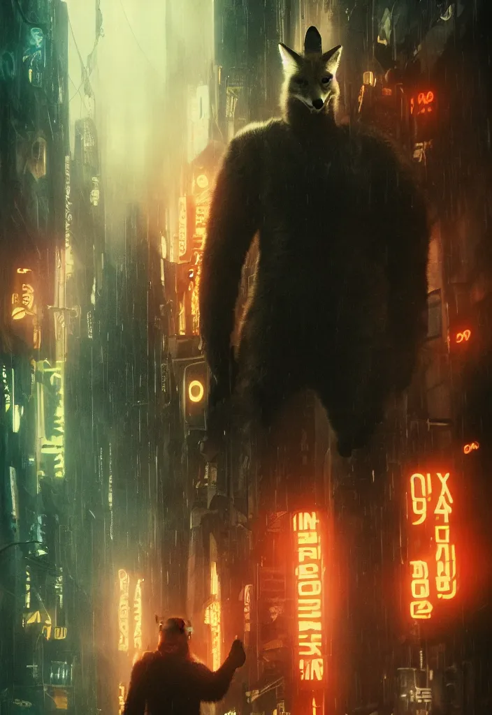 Image similar to anthro fox furry in Blade Runner: 2049, wearing a leather uniform, city streets, fursona, anthropomorphic, furry fandom, film still