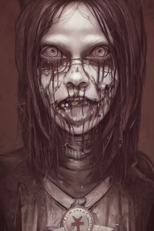 Image similar to cartoon grunge portrait of a creepy horror nurse girl . intricate abstract. intricate artwork. nightmare fuel. terrifying. by Tooth Wu, wlop, dan mumford , trending on artstation, greg rutkowski very coherent symmetrical artwork. cinematic, hyper realism, high detail, octane render, 8k