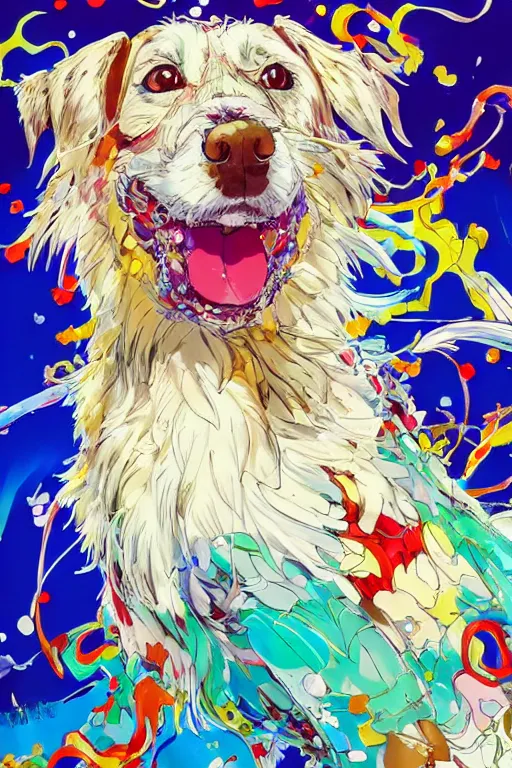 Image similar to maximalist joyful dog, trending on pixiv fanbox, painted by makoto shinkai takashi takeuchi studio ghibli, akihiko yoshida, yoshitaka amano, wangechi mutu, clean cel shaded vector art. shutterstock. behance hd by lois van baarle, artgerm, helen huang, rossdraws, illustration