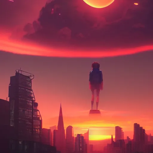 Image similar to alone person tempted by the desperate call of the void, futuristic cityscape, wide shot unreal 5 render, studio ghibli, vivid colors, beautiful sunset, digital art, octane render, beautiful composition, trending on artstation, award winning photograph, masterpiece