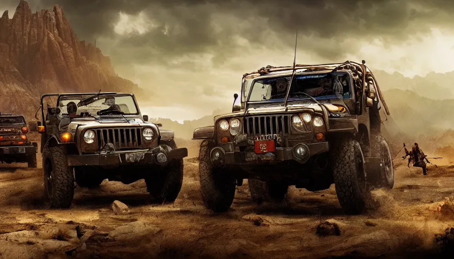 Image similar to Mahindra thar, tribe members attacking, action scene, an epic fantasy, dramatic lighting, cinematic, establishing shot, extremely high detail, photorealistic, cinematic lighting, artstation, by christopher nolan, horizon forbidden west