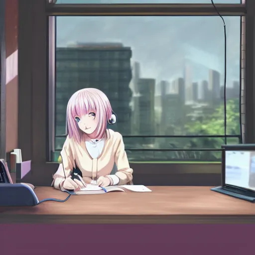 Image similar to high definition anime portrait of an anime girl with pastel colored hair sitting at a desk studying with headphones on, background is a window looking out into a busy Tokyo district, lo-fi art, masterpiece by Hirohiko Araki, trending on artstation, sharp high quality anime, digital art, photoshop, proportionate, ambient lighting, clear facial festures