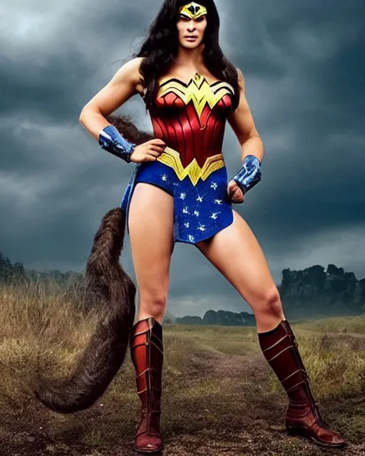 Prompt: Full body photos of a beautiful Chimpanzee dressed as Wonder Woman. Hyperreal, photorealistic, photography in the style of Annie Leibovitz