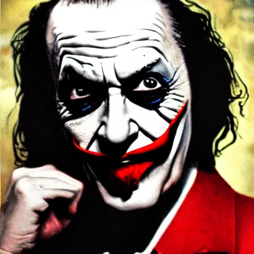 Image similar to Salvador Dali as the joker in dark knight , very realistic! looks at the camera, backlight cinematic dull colors medium close shot from the batman dark knight