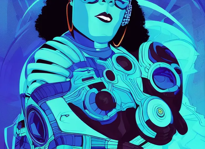 Prompt: a black woman with blue hair wearing a futuristic outfit by kilian eng, trending on behance, afrofuturism, futuristic, airbrush art, future tech