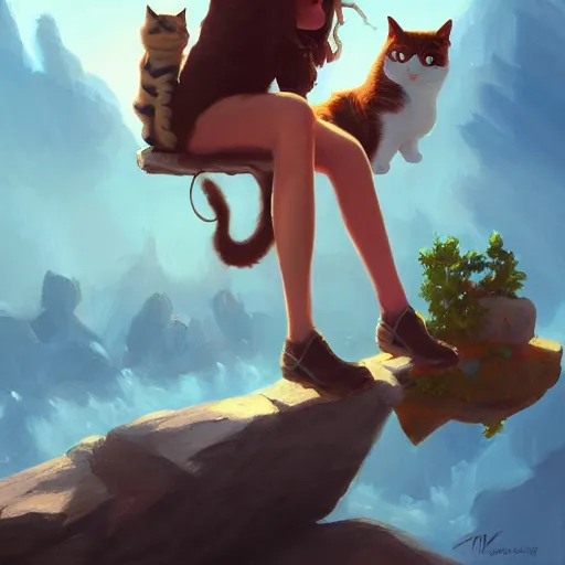 Image similar to a painting of a person sitting on a rock with a cat and a plane at the side, an ultrafine detailed painting by mandy jurgens, featured on deviantart, fantasy art, 2 d game art, ilya kuvshinov, steampunk