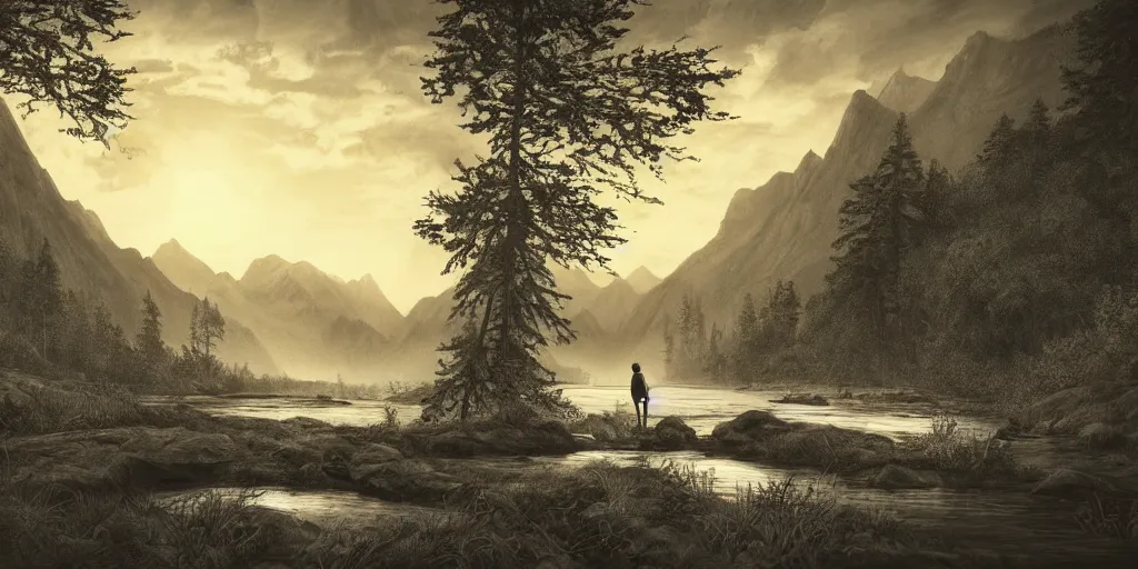 Image similar to A majestic landscape featuring a river, mountains and a forest. There is an old man standing, wearing a backpack and staring at the sunset. Cinematic, very beautiful, pencil drawing