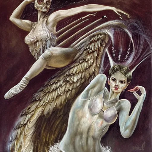 Image similar to a stunning oil painting of a ballerina angel spearing a ballerina demon in an epic battle by h. r. giger