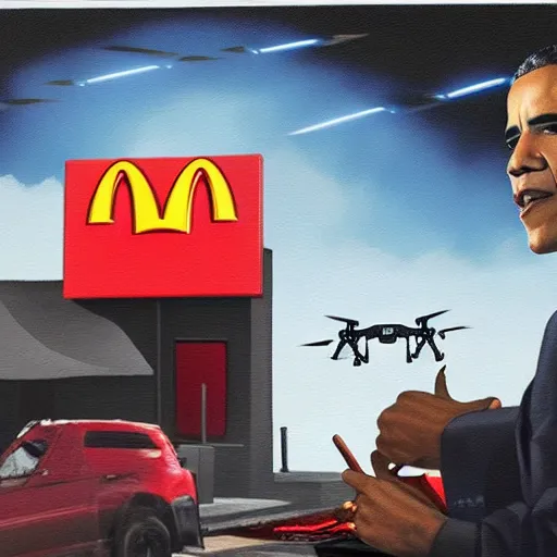 Image similar to barack obama as a cyborg sending a predator drone to blow up a mcdonalds, highly detailed, oil painting, low light, abstract