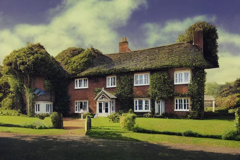 Image similar to vaporwave, an estate agent listing photo, external view of a 5 bedroom detached countryside house in the UK, by Paul Lehr