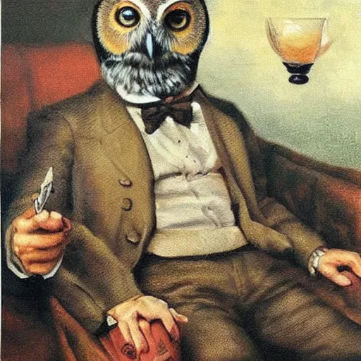 Prompt: portrait of an owl man sitting on a couch smoking a pipe, realistic masterpiece