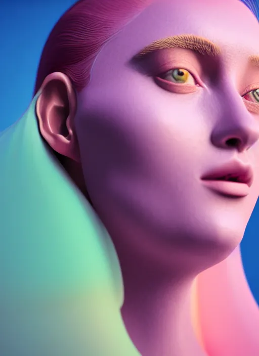 Image similar to Kodak Portra 400, 8K, soft light, volumetric lighting, highly detailed, fine art portrait photography in style of Giovanni Gastel , britt marling style 3/4 face morphing with soft pastel colors tropical fishes, metamorphosis complex 3d render, 150 mm lens, soft blur background, bust with intricate details, elegant, hyper realistic, ultra detailed, octane render, etheric, outworldly colours, emotionally evoking, head in focus, fantasy, ornamental, intricate, elegant, 8K, soft light, volumetric underwater lighting, highly detailed, Refined, Highly Detailed, soft lighting colors scheme, fine art photography, Hyper realistic, photo realistic