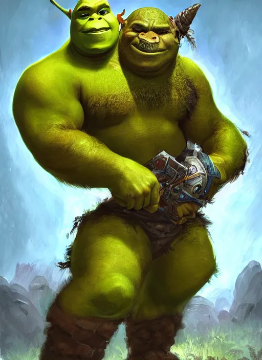 Image similar to dramatic oil painting of shrek as thrall from world of warcraft, artstation, shrek, epic, dramatic,