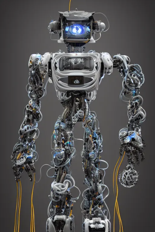 Prompt: a portrait of a extremely intricately detailed beautiful robot lots of cables and lights and connections, highly detailed perfect render, realism. concept art. unreal engine 5, f / 1. 8, v - ray, ultra hd, 8 k, graduation photo, atmospheric beautiful background and beautiful lighting. hyper realism.