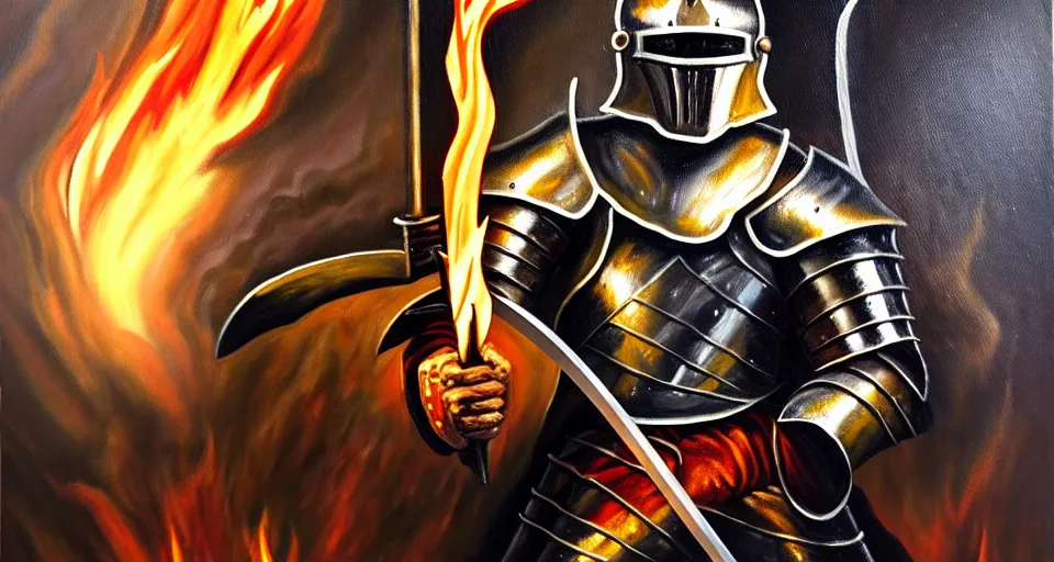 Image similar to An oil painting of a knight in dark metal armor wielding a flaming sword