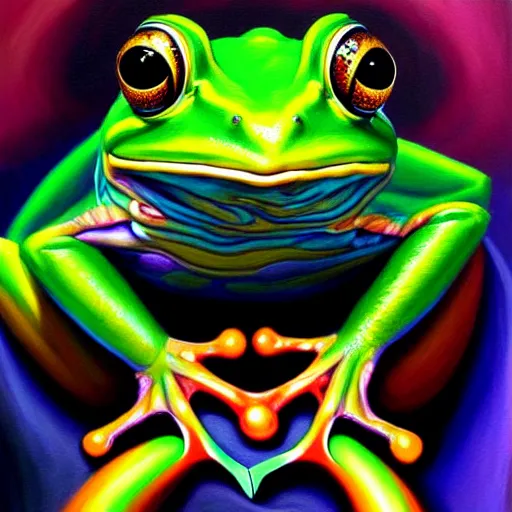 Image similar to vr painting of abstract surrealist frog by yvonne mcgillivray by mandy jurgens by michael divine, powerful eyes glowing highly detailed painting, spiritual abstract forms, symmetrical, trending on art station, abstract emotional, very beautiful, fantasy digital art, highly detailed patterned visionary art, magic symbols, by michael divine, cosmic nebula, black gold color scheme
