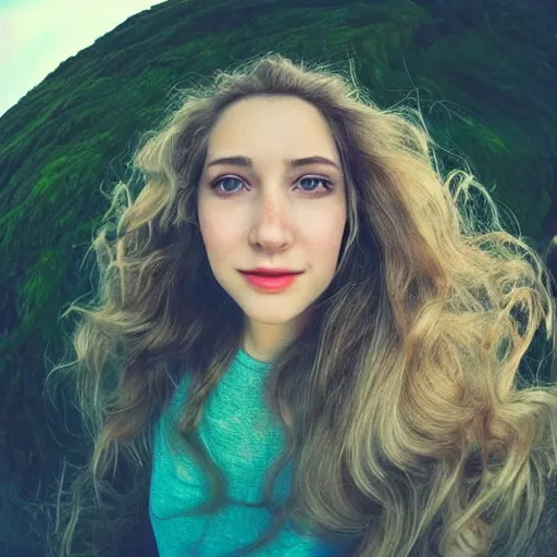 Image similar to Selfie of a beautiful woman with gorgeous flowy hair, standing over a cliff, beautiful volumetric lighting, subsurface scattering!!!!!!, (((((vivid))))) atmosphere, radiant sunshine, trending on artstation, 4k, 8k, artstation portrait imagery, fisheye!!!!! lens, instagram!!!!! selfie!!!!!