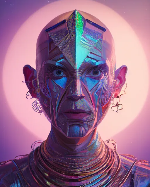 Image similar to highly detailed surreal vfx portrait of a metallic chromatic geometric tribal magician, behance, stephen bliss, unreal engine, greg rutkowski, loish, rhads, beeple, makoto shinkai and lois van baarle, ilya kuvshinov, rossdraws, tom bagshaw, alphonse mucha, global illumination, detailed and intricate environment