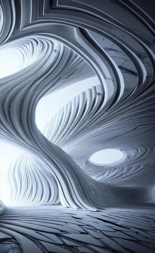 Image similar to highly detailed ultra sharp 3 d render cinematic composition of a smooth marble stone white fluid fractal sci - fi surreal architecture landscape, ceramic, magnesium, archviz, vincent callebaut composition, mamou - mani, beautiful lighting, 8 k, unreal engine, hdr, dof