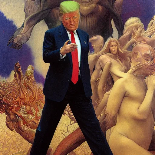 Prompt: hyper realistic painting of the donald trump, detailed and perfect face, perfect and proportional body, in the style of wayne barlowe, gustav moreau, qoward, gaston bussiere and roberto ferri, santiago caruso, and austin osman spare, bouguereau, mucha, saturno butto, sorayama occult art, alchemical diagram