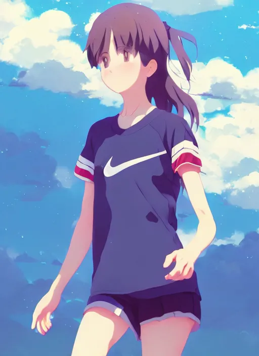 Image similar to portrait of cute high school runner girl, sunny sky background stadium landscape illustration concept art anime key visual trending pixiv fanbox by wlop and greg rutkowski and makoto shinkai and studio ghibli and kyoto animation symmetrical facial features short down hair sports clothing marathon race nike shirt