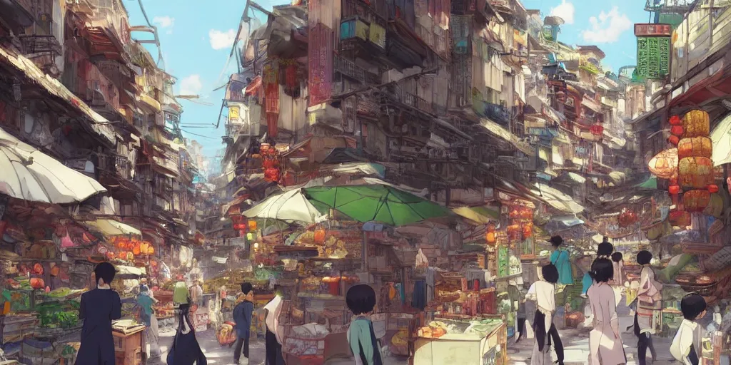 Image similar to Concept art by Makoto Shinkai of a lively, full of life market with merchants spread along an alley full with human activities, Chinese old city, Chinese shophouses, vivid, sunny.