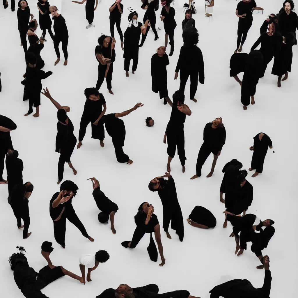 Image similar to a white space and a black subject contemporary art performance