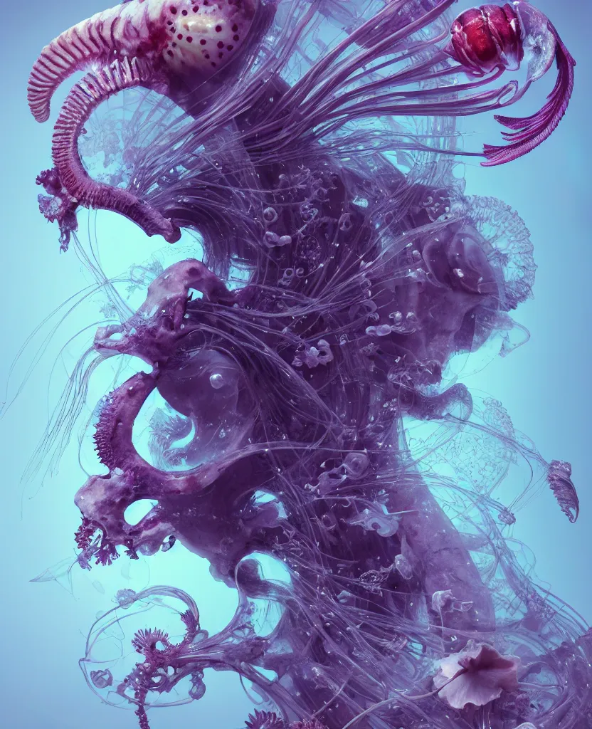 Image similar to goddess close-up portrait ram skull, thorax, x-ray, backbone, jellyfish phoenix head, nautilus, orchid, skull, betta fish, bioluminiscent creatures, intricate artwork by Tooth Wu and wlop and beeple. octane render, trending on artstation, greg rutkowski very coherent symmetrical artwork. cinematic, hyper realism, high detail, octane render, 8k