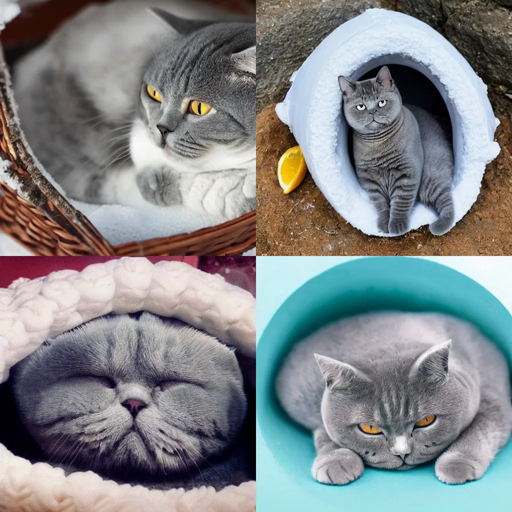 Prompt: A British blue shorthair cat curled up, asleep, holding a freshly caught fish, in an Igloo