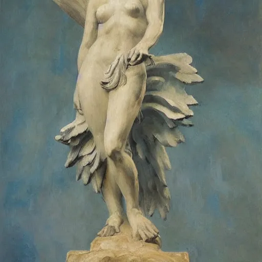 Image similar to a statue painted on a stage a feminine mask hovering above it, grey coulds surrounding,! winged victory samothrace! heavy brushstrokes oil painting, rodin style