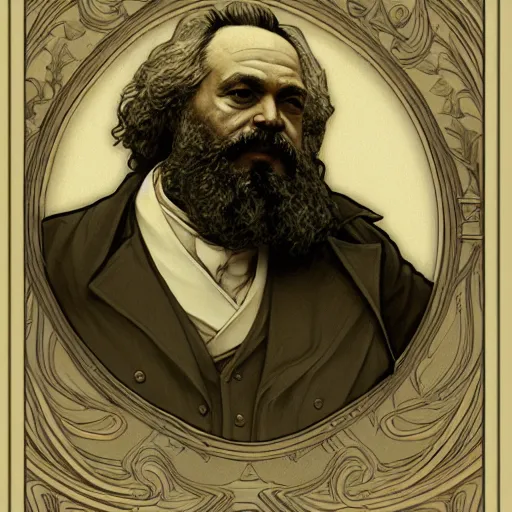 Image similar to portrait of Karl Marx pondering his orb, highly detailed, digital painting, artstation, concept art, smooth, sharp focus, illustration, art by magalie villeneuve and alan lee and artgerm and greg rutkowski and alphonse mucha