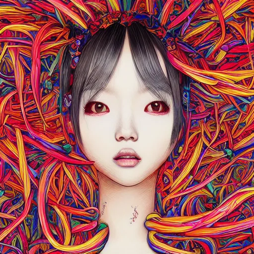 Image similar to the portrait of an unbelievably beautiful and cute japanese girl made up of peppers, an ultrafine detailed illustration by james jean, intricate linework, bright colors, final fantasy, behance contest winner, vanitas, angular, altermodern, unreal engine 5 highly rendered, global illumination, radiant light, detailed and intricate environment