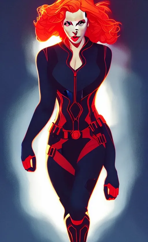 Image similar to rafeal albuquerque comic art, joshua middleton comic art, artgerm, cinematics lighting, night time, pretty scarlett johansson black widow, big smirk, symmetrical face, symmetrical eyes, long red hair, full symmetrical body, flying in the air, jumping off rooftop