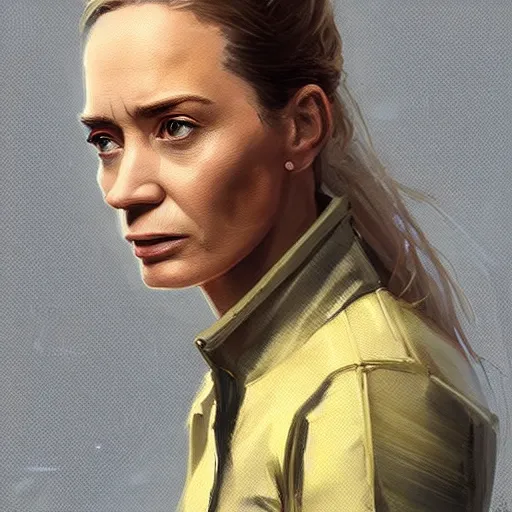 Prompt: portrait of a woman by greg rutkowski, emily blunt as an space engineer, she is about 4 0 years old, wearing a utilitarian jumpsuit, highly detailed portrait, digital painting, artstation, concept art, smooth, sharp foccus ilustration, artstation hq