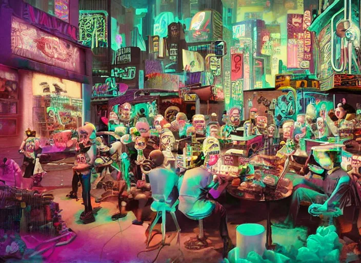 Prompt: a cyberpunk jazz band made of ice creams, lowbrow, matte painting, 3 - d highly detailed, in the style of mark ryden,