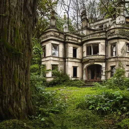 Prompt: an enormous sprawling overgrown mansion abandoned in the magical woods