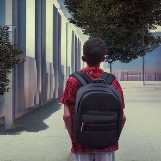 Image similar to cinematic hyperrealism style masterpiece where a student appears with his backpack happy at school