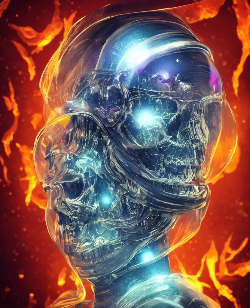 Image similar to close-up macro portrait of the face of a beautiful princess rotten skull in a spaceman suit, epic angle and pose, symmetrical artwork, 3d with depth of field, blurred background, cybernetic jellyfish female face skull phoenix bird, translucent, nautilus, energy flows of water and fire. a highly detailed epic cinematic concept art CG render. made in Maya, Blender and Photoshop, octane render, excellent composition, cinematic dystopian brutalist atmosphere, dynamic dramatic cinematic lighting, aesthetic, very inspirational, arthouse. y Greg Rutkowski, Ilya Kuvshinov, WLOP, Stanley Artgerm Lau, Ruan Jia and Fenghua Zhong