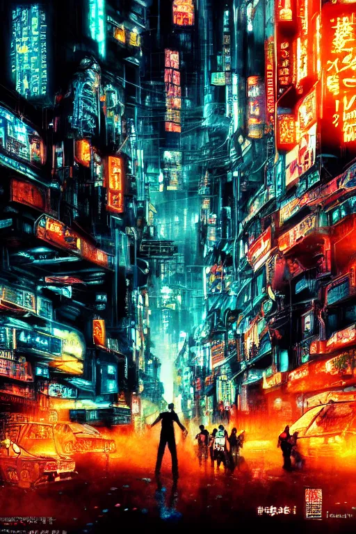 Image similar to tatsuki fujimoto movie poster, randypunk, intricate cyberpunk city, orange overlooking city, street gang, dramatic lighting, epic composition, bladerunner