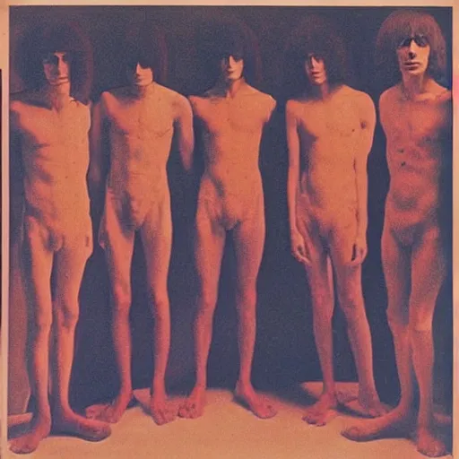 Prompt: four men standing next to each other in a dark room, an album cover by Syd Barrett, pinterest, mannerism, antichrist, top lighting, 1970s