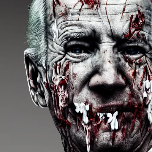 Image similar to joe biden as a rotting zombie, full body portrait, in a front of podeum, horror core, apocalyptic, feeling of grimdark, sharp focus, fiction, hyper detailed, digital art, trending in artstation, cinematic lighting, studio quality, smooth render, unreal engine 5 rendered, octane rendered, art style and nixeu and wlop and krenz cushart