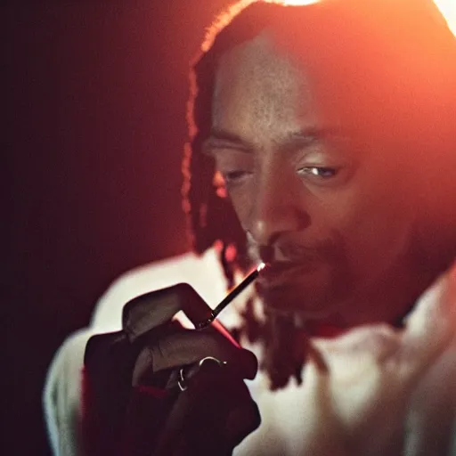 Prompt: a dramatic photograph of snoop dog smoking a joint while contemplating a magical portal to the beyond, ground haze, dramatic lighting, filmic, cinematographic