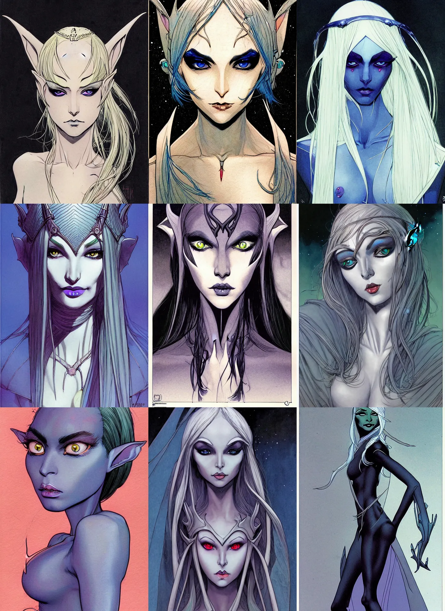 Prompt: drow elf queen! sci - fi! moebius, milo manara, hugo pratt, french comic art, semi - realistic anime, portrait, beautiful face, symmetrical face, trending on pixiv, detailed, clean lines, sharp lines, crisp lines, award winning illustration, masterpiece, 4 k