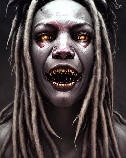 Image similar to sojourn from overwatch, dreadlocks, white hair, african canadian, character portrait, portrait, close up, concept art, intricate details, highly detailed, horror poster, horror, vintage horror art, realistic, terrifying, in the style of michael whelan, beksinski, and gustave dore